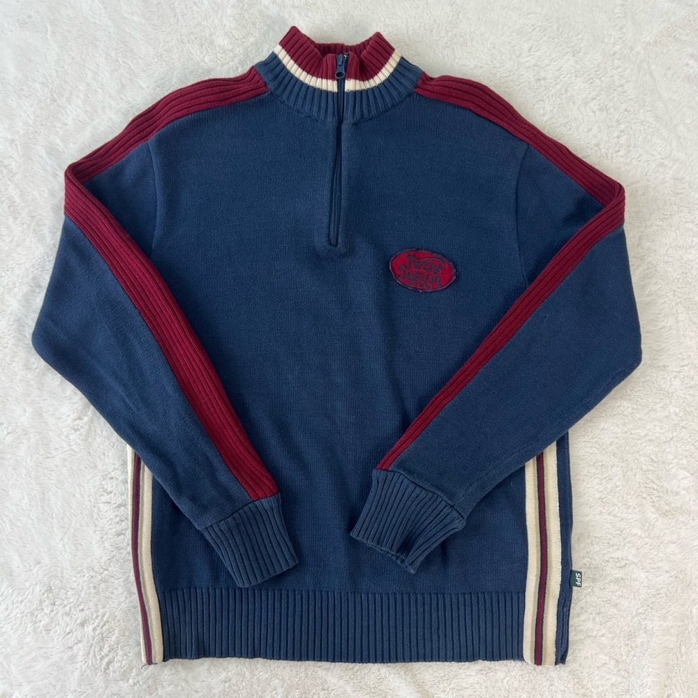 Men's Blue and Red Quarter-Zip Striped Knit Sweater